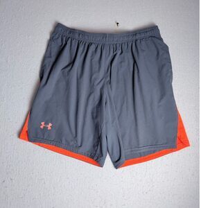Men's UA UnderArmour Shorts XL Gray Orange Fitted Running Athletic Exercise